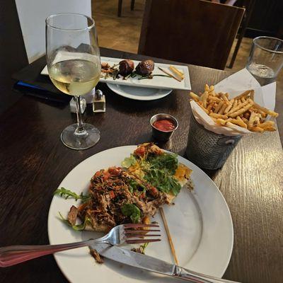 Open-face short Rib Sandwich $19, with fries,  bacon wrapped dates $14 and Daou wine $14