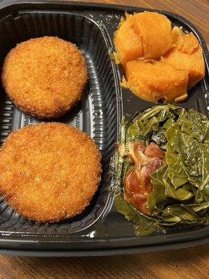 Crab Cake Dinner with Candied Yams & Collard Greens 11-23-2022