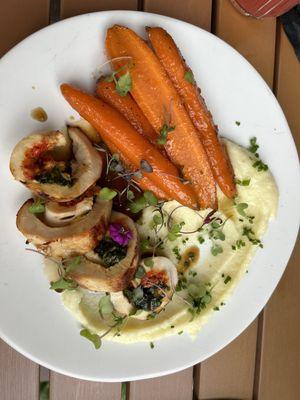 Chicken roulade with whipped potatoes and maple glazed carrots - excellent- would definitely order again.