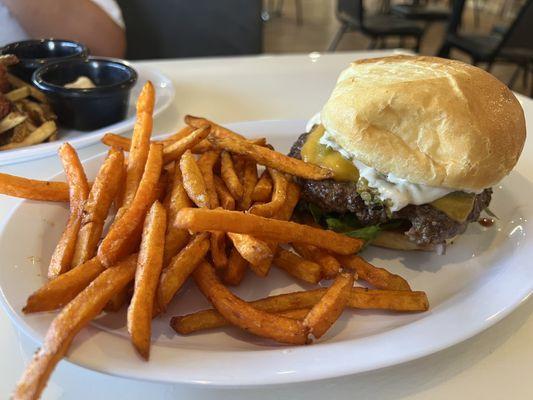 Green Chile Burger with sweet potato fries