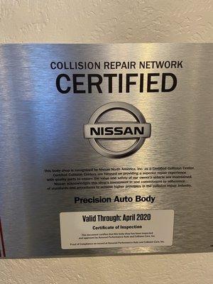 We are a Nissan certified collision repair shop