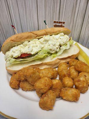 Egg salad sub with tots