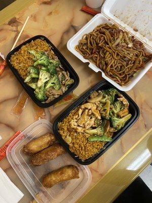 Pork Lo Mien, Beef and Broccoli Combo w/ Rice and Egg Roll, Szechuan Chicken Combo w/ Rice and Egg Roll