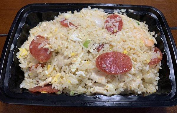 Yang Chow fried rice! Flavorful and filled with proteins. Chicken, shrimp, and Chinese sausage. Yummmmmy! Also less than $10.