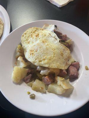 Red Eye Hash.   So delicious with a little spice. If you like corn beef you must try this.