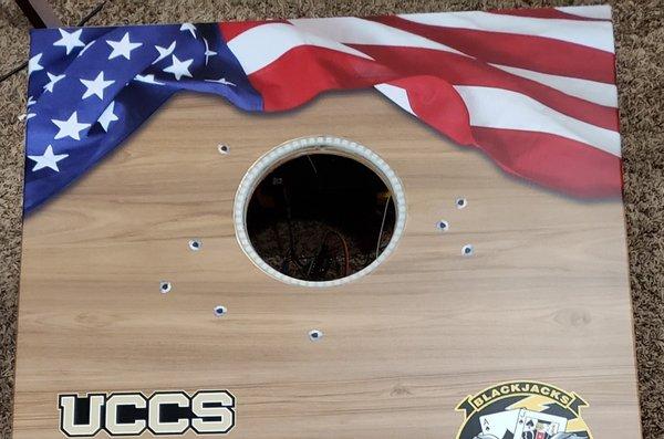 Cornhole board using Vinyl Disorder, showing how real the flag and wood grain looks.