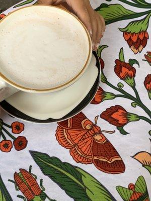 Hot chocolate (for the kiddos) and that awesome tablecloth!