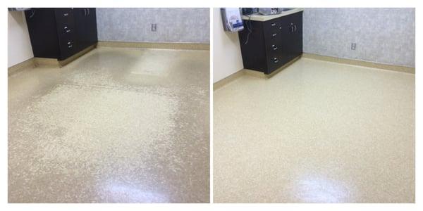 Linoleum floor - before and after of floor stripped and rewaxed