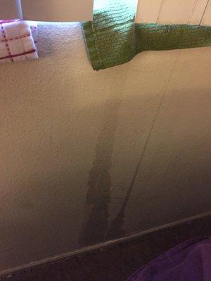 Rain water dripping from window sill onto carpet during rain