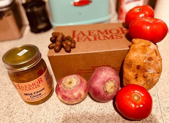 Chow chow, turnips, fried pies, tomatoes, boiled peanuts