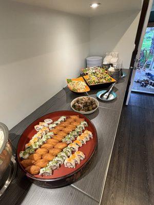 Buffet Menu B: Sushi & Rice, Spicy Nasubi, Potato Salad, Oriental Salad, and Salmon Tofu Salad