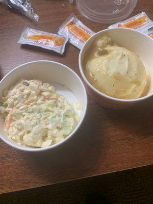 Coleslaw and mashed potatoes. Cole 1/2 full, no gravy on potatoes