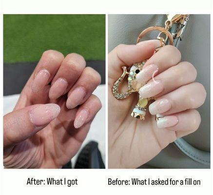 Self explanatory. After picture shows just how sloppy the painting job from Anh was. My nails before were beautiful and perfect.