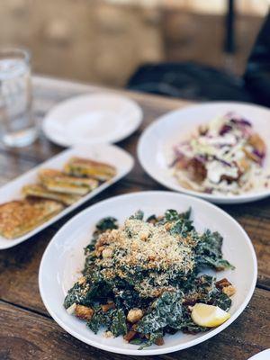 Kale Caesar Salad, Old Town Grilled Cheese, and Beer Battered Avo Taco