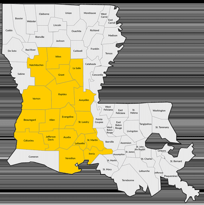 Louisiana Service Area - We cover multiple parishes in Central Louisiana as shown on this map.