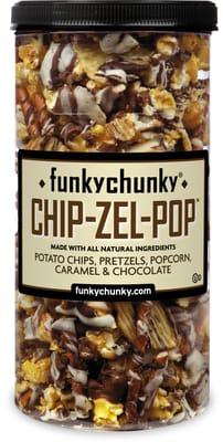 FunkyChunky Chip-Zel-Pop - crisp potato chips, pretzel sticks, and buttery caramel corn plus dark and white chocolate.