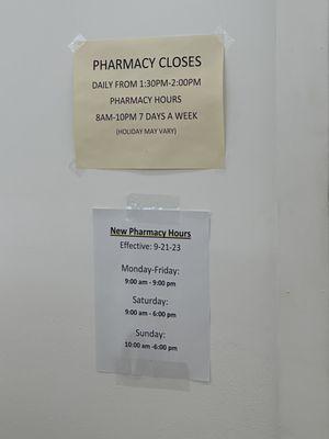 Updated hours for the pharmacy.