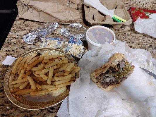 Italian beef sandwich, fries, and cup of chili