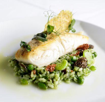 Spring Menu:
Sauteed East Coast Halibut with Spring Risotto, Grilled Ramps and Chive Oil