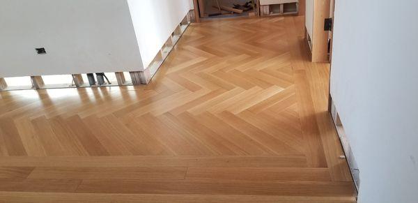 Prefinished white oak herringbone install!