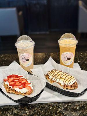 Strawberry croffle, banana croffle & boba milk tea.