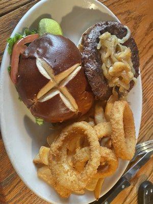 Elk burger with onion rings and steak fries