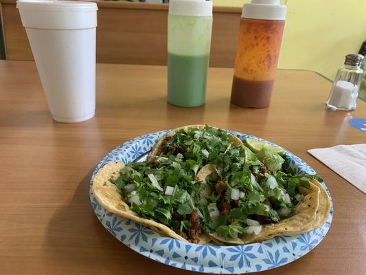 Carne Asada, Tripe, ElPastor and Horchata. Plenty of cilantro and onions (as it should be) and great flavoring in the meat.