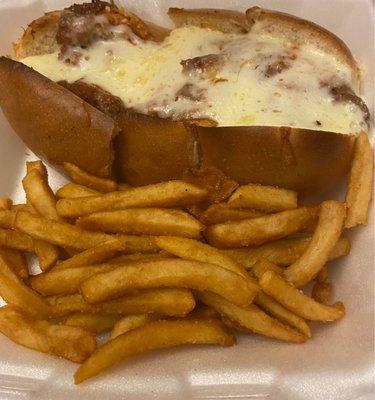 Eggplant Parm Sub with Fries.