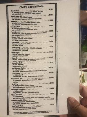 Sushi menu