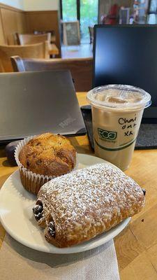 Chocolate croissant, lemon berry muffin, iced chai latte