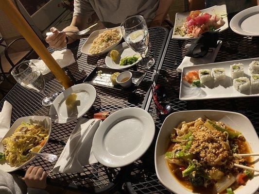 Not our best... Pud Thai, lo mein, drunken noodles, chirashi, fresh spring roll (only 1 pc remaining), and the avocado roll.