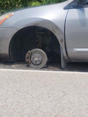 Thankfully, the car didn't roll when the tire fell off and no one else was coming so it didn't hit anyone.