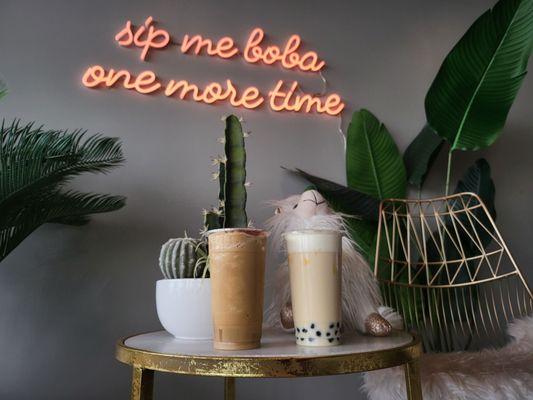 Vietnamese coffee frap and jasmine milk tea with milk cap, boba and egg custard