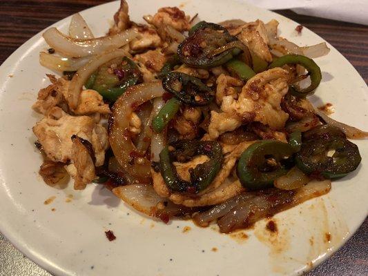 Hibachi chicken, onions, peppers, and jalapeños.  Ordered extra spicy and it didn't disappoint.