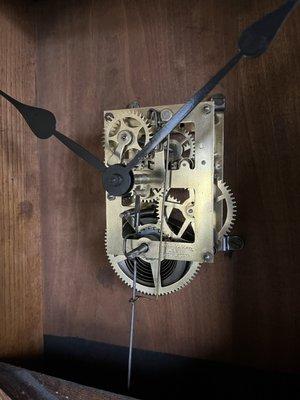 "Behind the Dial" of School House Clock (Sessions Clock Co.) Approx. 125 years old, and again keeping time after overhauling movement.