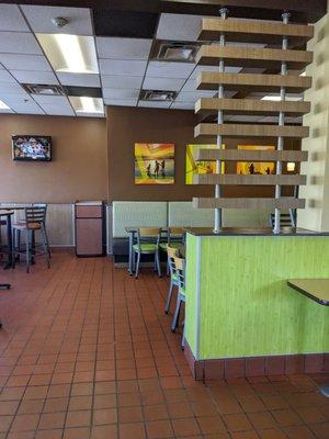 Dining area. Half the chairs are on tables due to limited capacity for COVID-19