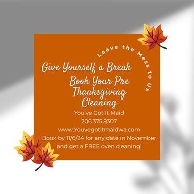 Free Oven cleaning the month of Nov if you book by 11/6/24