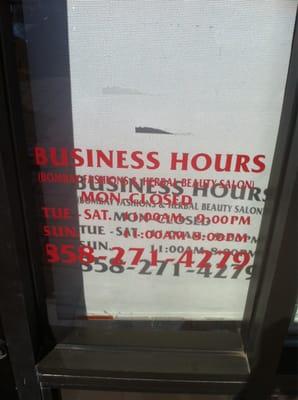 Business hours. Closed on Mondays