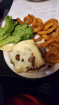 Mushroom Swiss Burger with a side of Onion Rings