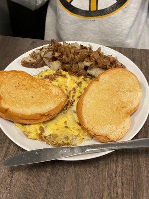 Omelette, home fries and toast