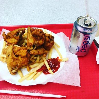 3 pcs chicken wings w/z fries and soda  $5