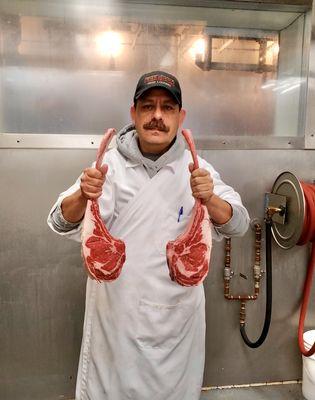 Jorge showing two tomahawk steaks, we always have them in stock.