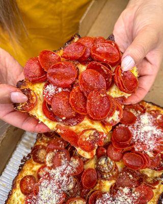 From The D Pizza 
 Double Pepperoni
 or Triple Pepperoni
 
 Detroit style pizza