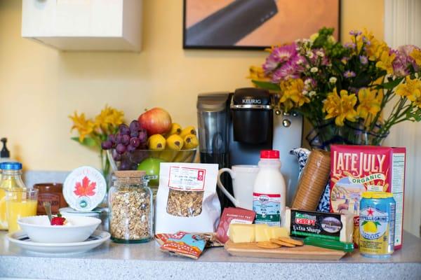 We don't serve breakfast but rooms are stocked with goodies.