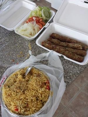 Chicken biriyani and chicken kabobs