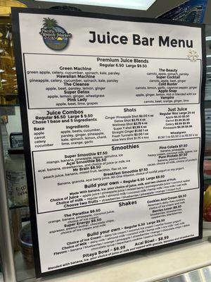 Juice bar menu