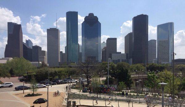 View of downtown from bike shop and Allen parkway.