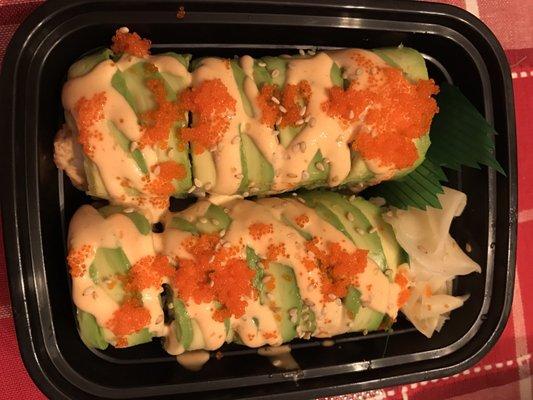 Mexican roll, spicy tuna with avocado on top.