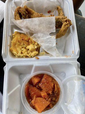 Fried Whiting with Baked Mac & Cheese and Sweet Potatoes