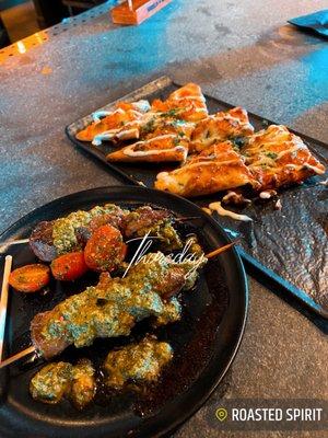 Great food, steak skewers and Buffalo chicken flatbread